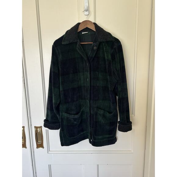Vintage LL Bean Plaid Fleece Button Jacket Womens Size Medium Green Blue Comfort - Picture 1 of 9